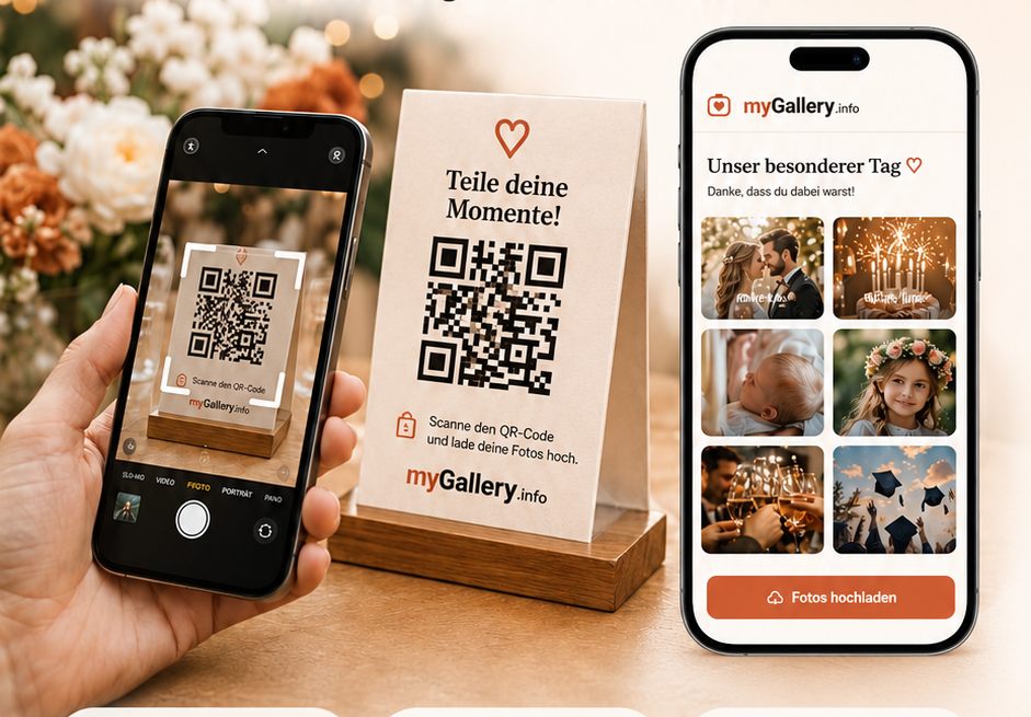 Handy scannt einen QR-Code für myGallery, daneben eine Vorschau der Event-Galerie mit Fotos.